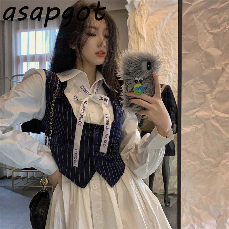 Chic Casual White Bow Puff Long Sleeve Turn Down Collar Shirt Dress Mini with Blazer Vest Vintage Fashion 2piece Set Korean Wild 210429