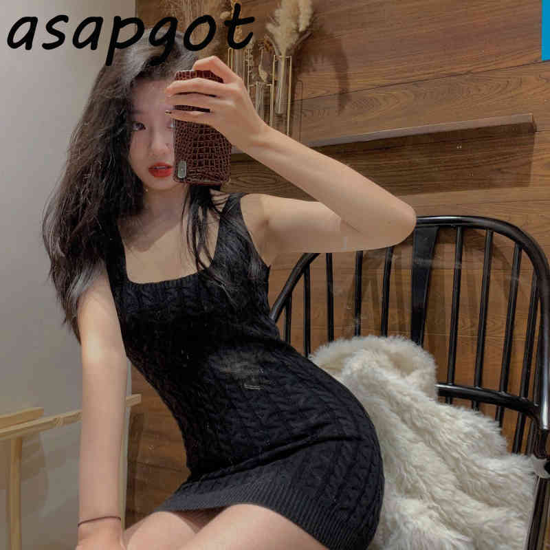 Dresses Slim Wrap Hip High Waist White Knitted Tank Dress Women Mini Bottom Tight Black Sweater Sexy Fashion Vestido De Mujer 210429