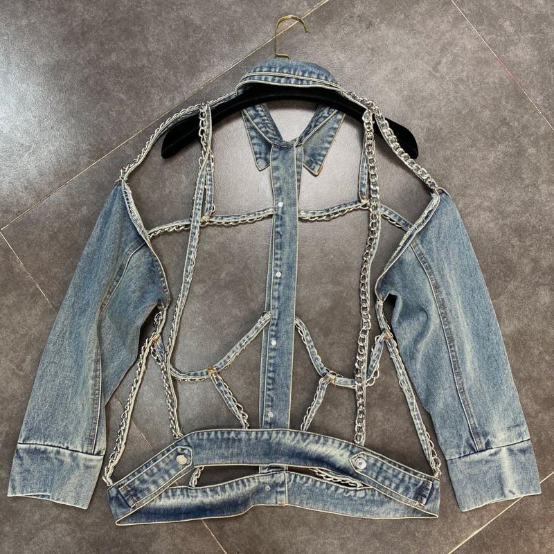 Women's Jackets FABPOP Long Sleeve Chain Hollow Out Turn Down Collar Light Blue Denim Jacket Women Coat Streetwear Gb447