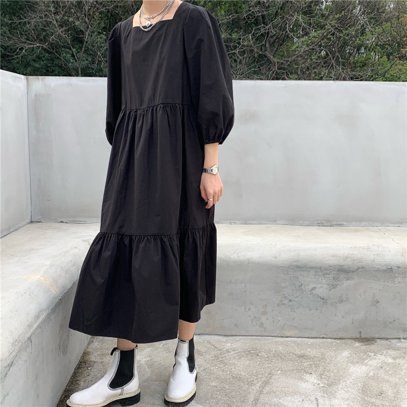 Comelsexy Women Dresses Loose Cotton Summer Dress Slim Solid Puff Sleeve Long Dresses Vestidos Casual Black Apricot Autumn 210515