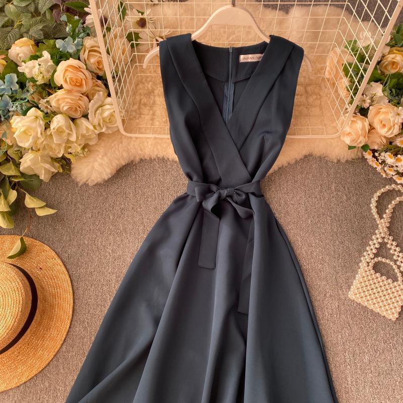 Work Fashion Solid Sleeveless Dress Women V Neck Sashes OL Vestidos Spring Summer Dresses Bow 210521
