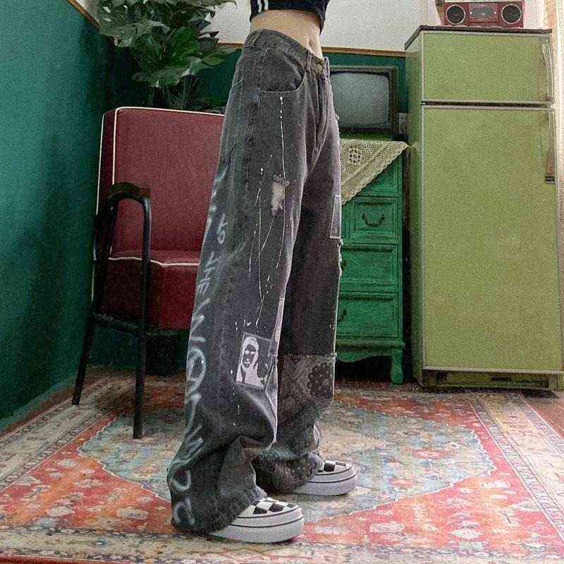 Street hip hop womens plus size jeans handsome retro high waist wide leg pants BF loose wild straight jean 211129