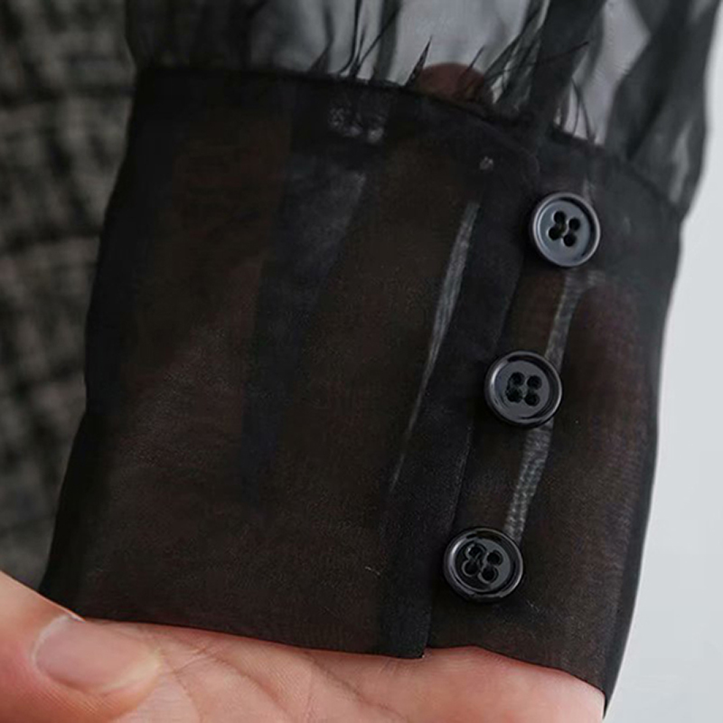 Vintage Women Bow Tie Collar Patchwork Mini Dress Elegant Ladies See Through Sleeve Loose Female Tank 210508