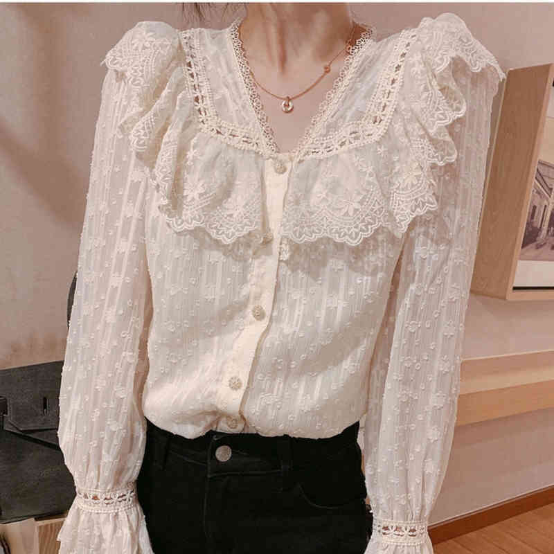 Wonder spring solid elegant lace blouse office ladys lantren sleeve ruffles Korean female Mesh Sheer Sexy shirt 210510