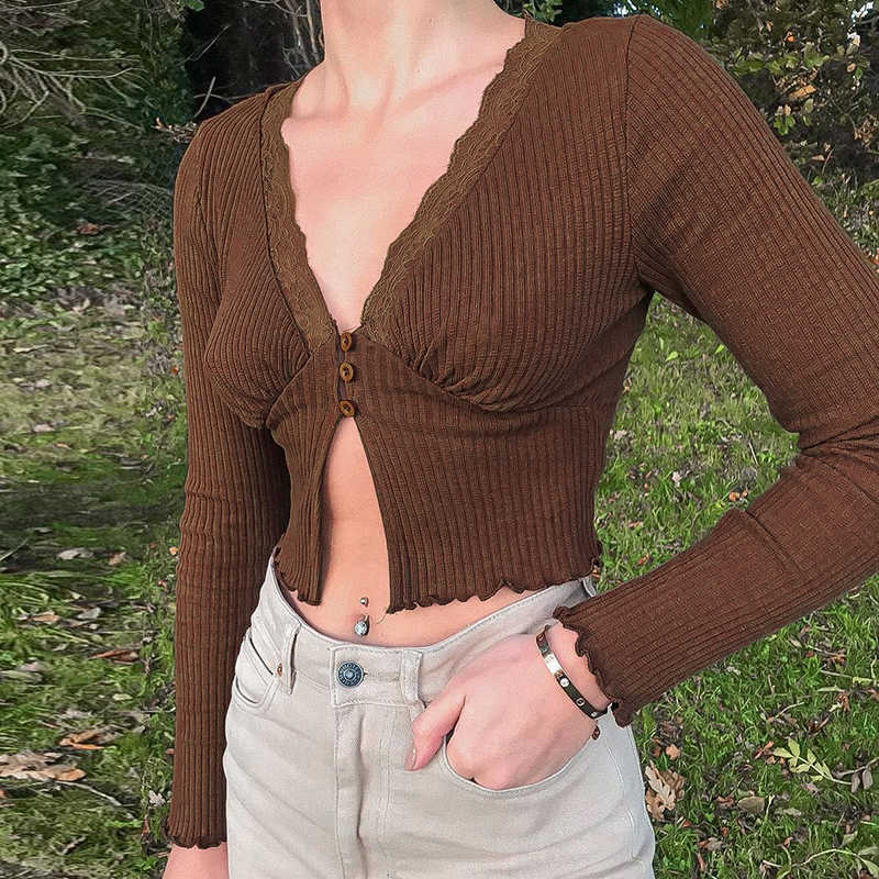 Rockmore Sweater Knitwear Women Autumn Long Sleeve V Neck Knitted Cardigans Harajuku Korean Brown Crop Tops Solid Outwear 211007