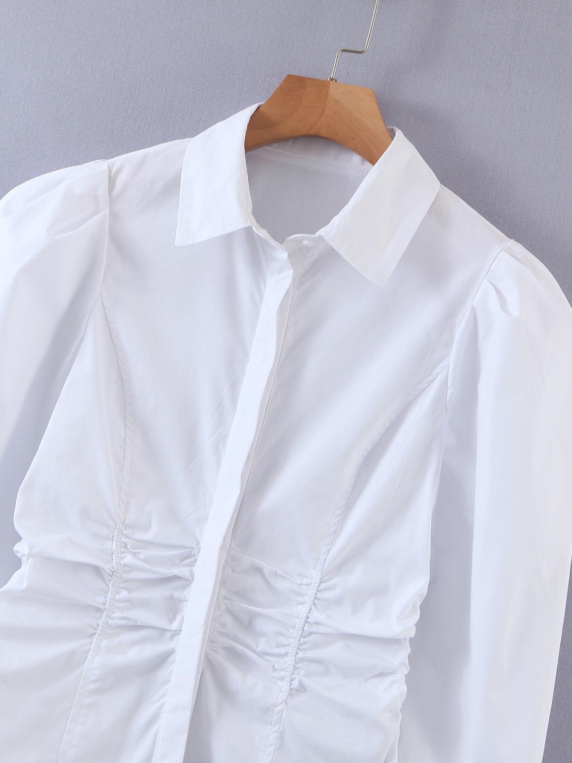 Elegant Lapel Slim Waist Pleated Ruched White Shirt Retro Woman Long sleeve OL Blouse Short Tops Blousas 210429