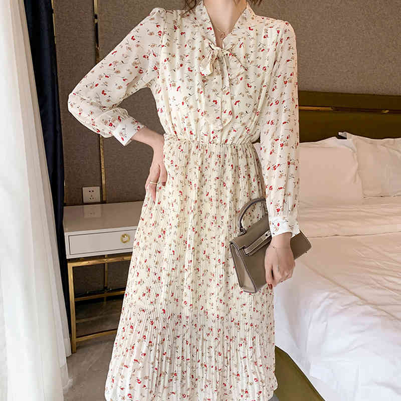 Casual Dresses Women Pleated Sweet Floral Print Chiffon Long Sleeve Elastic High Waist A-line Lace Up Bow Female Midi ZJ71, Apricot
Casual Dresses Women Pleated Sweet Floral Print Chiffon Long Sleeve Elastic High Waist A-line Lace Up Bow Female Midi ZJ71, Apricot