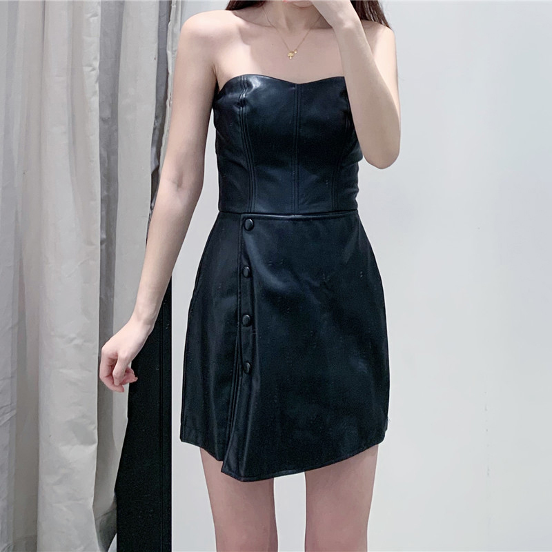 Sexy Backless Black Pu Leather Jumpsuit Women Buttons Solid Skinny Party Playsuit Lady Sleeveless Zipper Stylish Club Bodysuit 210515