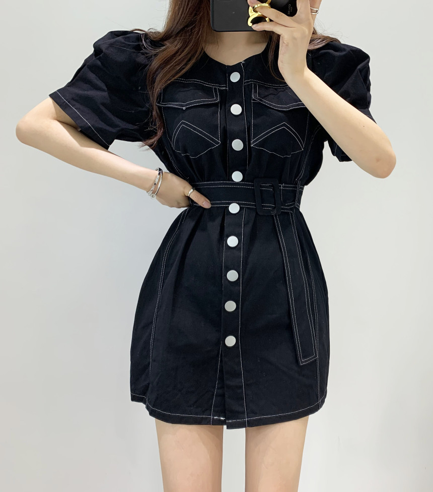 Elegant Women Fashion Chic Mini Dress Summer Ladies A-line Vestidos Single-Breasted Lace Up Female Dress 210518