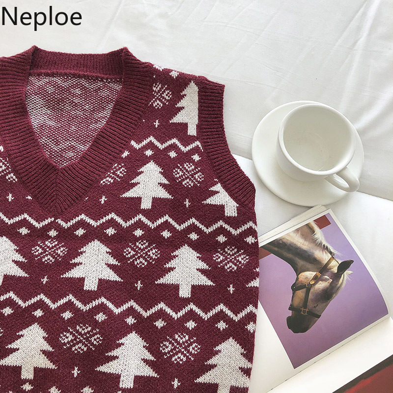 Neploe Vintage Christmas Trees Sweater Vest Women V-neck Knitted Korean Pullovers Waistcoat Loose Short Tank Tops Femme 4H368 210422