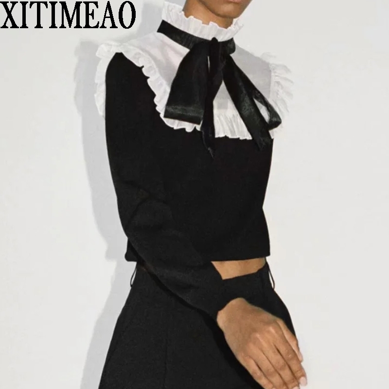 ZA Women Fashion Organza Patchwork Ruffled Knitted Sweater Vintage High Collar Bow Tied Female Pullovers Chic Tops 210602, Black
ZA Women Fashion Organza Patchwork Ruffled Knitted Sweater Vintage High Collar Bow Tied Female Pullovers Chic Tops 210602, Black
