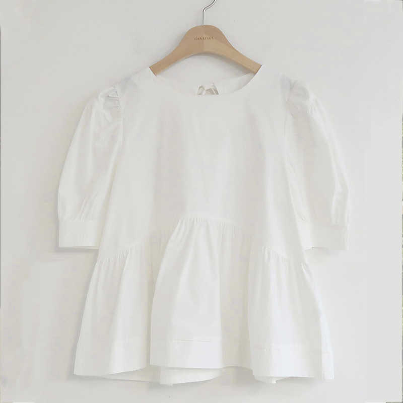 Korean Version Sweet Cute Round Collar Bubble Short Sleeve Shirt Summer Solid Cotton White Blouse Blusa Feminina 14038 210528