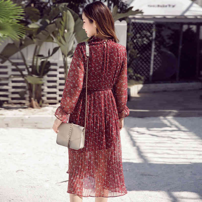 Spring summer women elegant printed floral chiffon dress long sleeve fashion casual lady bohemian pleated female 210514