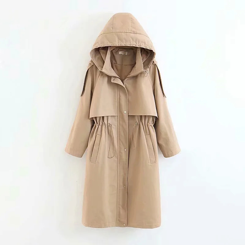 women fashion cape hooeded zipper overcoat coats ladies full sleeve solid slim trench chic female streetwear 210521