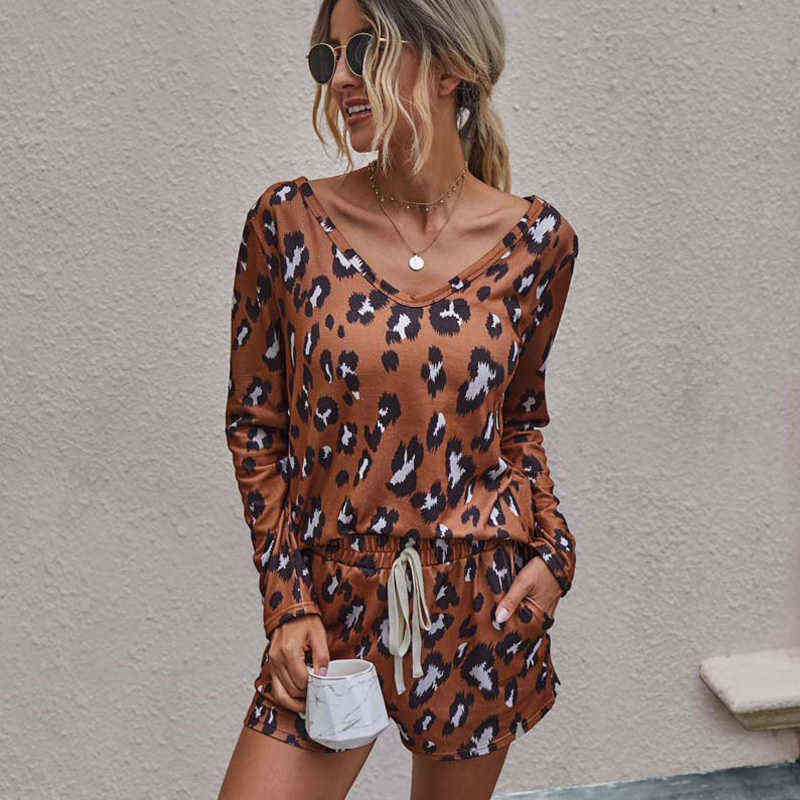 Autumn Leopard Pajamas Set Women Home Wear Loungewear Pjs Women Pajamas Sleep Wear Homewear Ladies Home Suit 220114