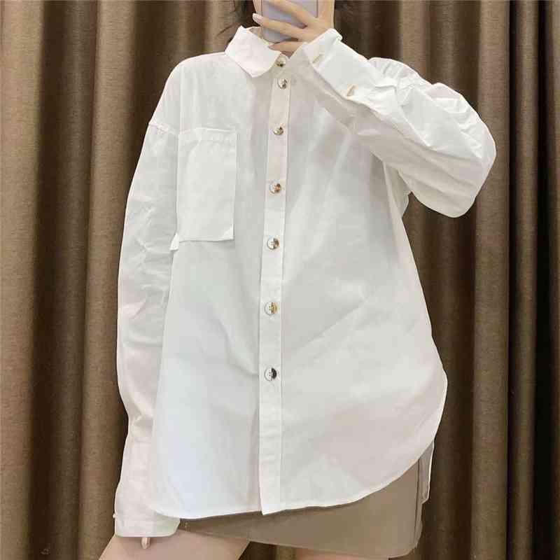 Elegant Women White Turn Down Collar Shirts Fashion Ladies Button Tops Streetwear Female Chic Cotton Loose Blouses 210527