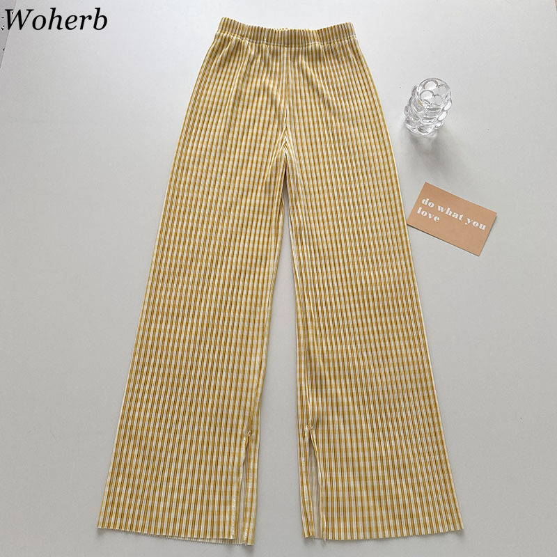 Plaid Casual Trousers Women Summer Korean Loose Elastic High Waist Wide-leg Pants Fashion Split Pleated Sweatpant 210519