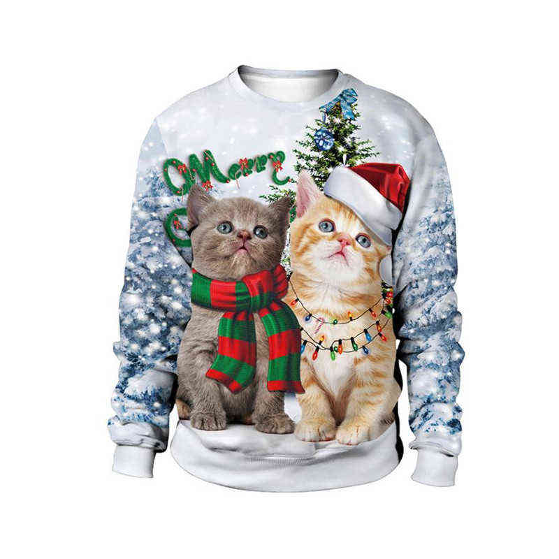 2021 Men Women Ugly Print Christmas Sweater Christmas Tree Cat Sweat Shirt Loose Novelty Xmas Sweatshirt Tops Female Dropship Y1118