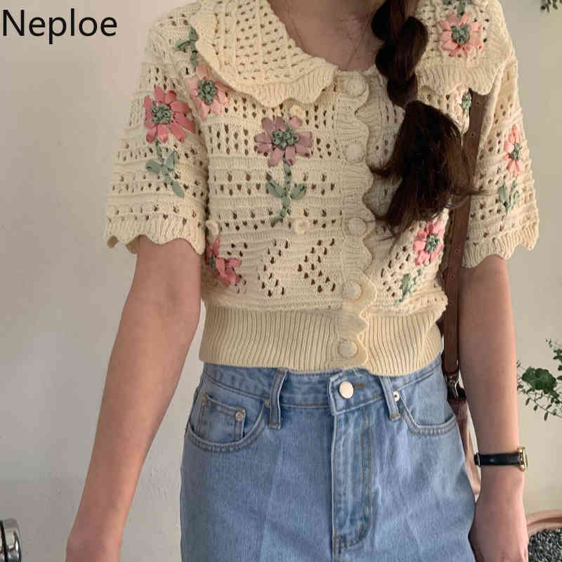 Neploe Vintage Cardigans Women Embroidery Crop Top Peter Pan Collar Single-breasted Short Sleeve Knit Coat Hollow Out Sweater 210422
