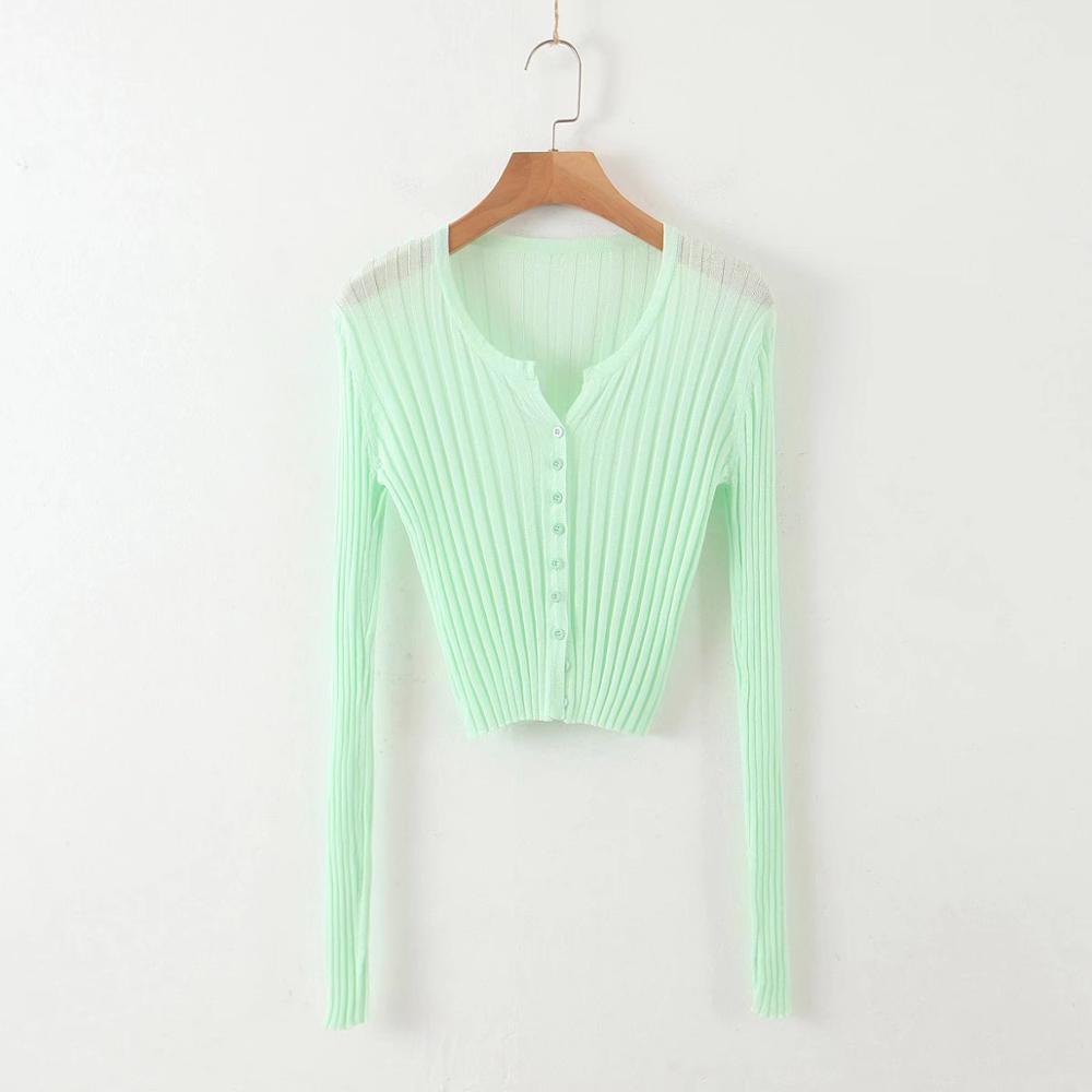 CHIC French Knitting Stripe Line Through Crop Knit Cardigan Sweater Retro Woman Small V neck Split Long Sleeve Jumper Knitwear 210429