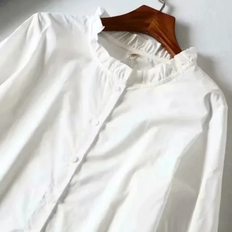 Women Ruffled Hem White Mini Shirt Dress Female O Neck Nine Quarter Sleeve Clothes Office Lady Loose Vestido D6983 210430