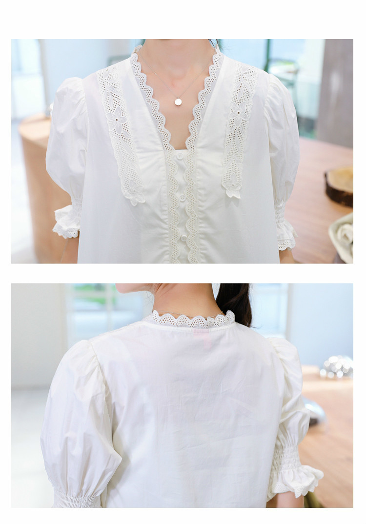 Casual V-neck Lace White Shirts Solid Color Puff Sleeve Summer Blouse for Women Womens Tops and Blouses Blusas 10204 210506