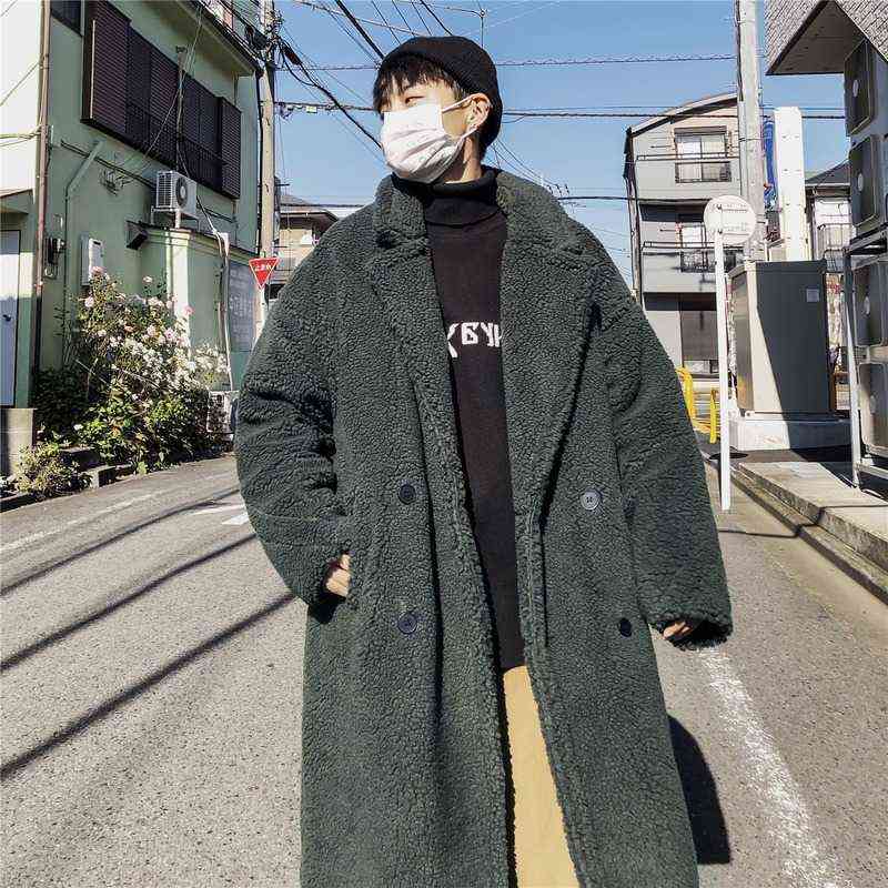 Men Winter Thicken Warm Teddy Bear Coat Long Sleeve Fleece Faux Fur Trench Oversize Outwear Casual Loose Long Plush Overcoat 4XL 211122