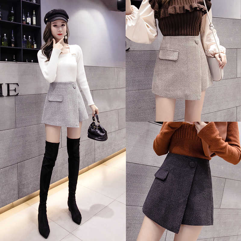 LY VAREY LIN Autumn Winter Women Fashion Irregular High Waist Wide Leg Woolen Shorts Skirts Female Casual Culottes 210526