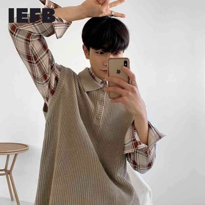 IEFB Men's Kint Waistcoat Handsome Trend Korean Fashion Sleeveless Polo Collar Vest Personality Knitted Tops 9Y5737 210524