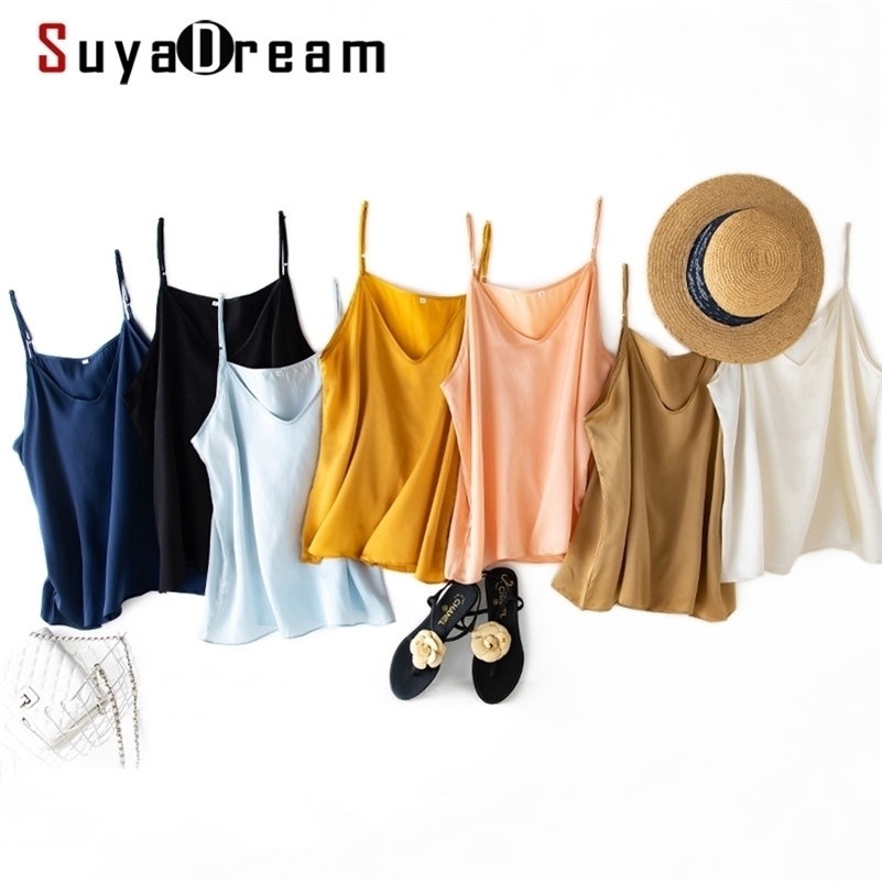 SuyaDream Women Silk Camisoles 100%Real Silk Satin Sleeveless Solid V neck Chic Camis Summer Elegent Vests 210625