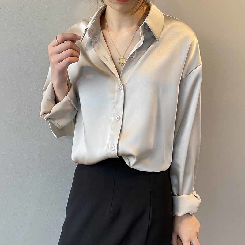 Spring Autumn Blouses Women Casual Solid Loose White Satin Blouse Femme Cardigan Office Lady Long Sleeve Shirt Tops Blusas 11355 210317