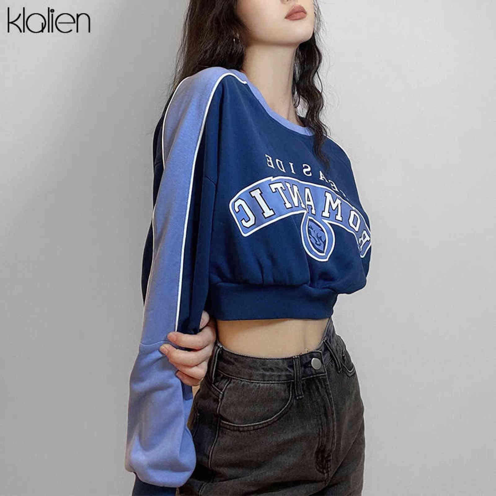KLALIEN Fashion Print Letter Long Sleeve O neck Loose Pullovers Hoodie Autumn Casual Street Soft Cotton Wild Sweatshirt Lady 211109