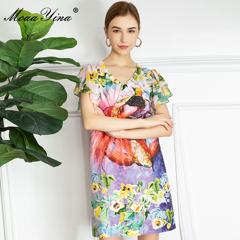 Summer Runway Vintage Mini Dress Women V-Neck Beading Fashion Birds Floral-Print Short Party 210524