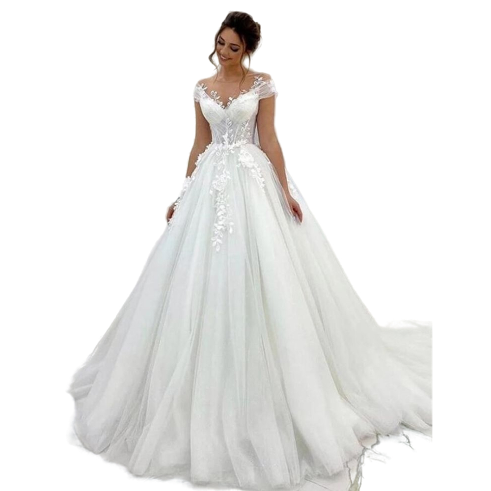 Elegant Ivory Tulle Wedding Dresses Princess A Line Bridal Gowns Sheer Neck Cap Short Sleeves Lace Floral Appliques Bride Dress Back Buttons Robe De M