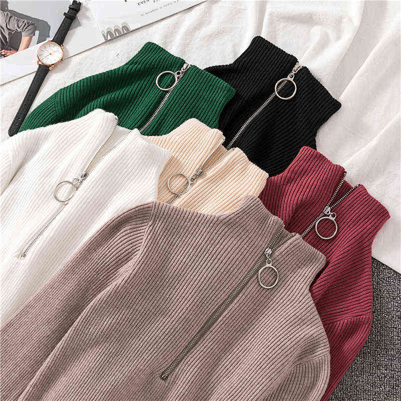 OCEANLOVE Zipper Half Turtleneck Sweater Women Solid Slim Autumn Winter Clothes Sueter Mujer Basic Fashion Pullovers 12605 211109