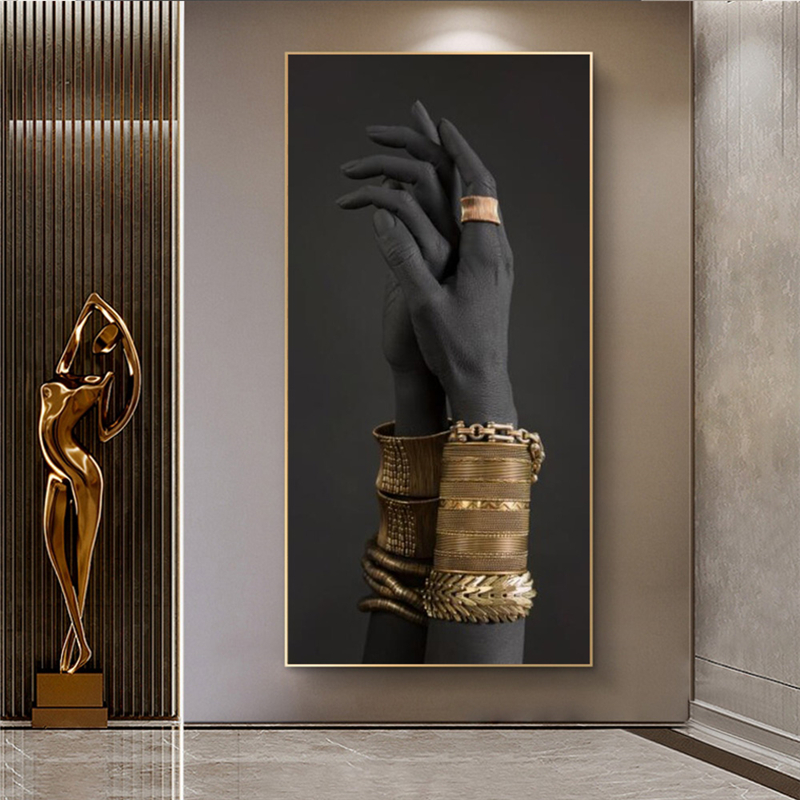 Black Woman's Hand Print Canvas Painting Gold Jewelry Posters And Prints Cuadros African Wall Art Pictures Home Decoration Mural