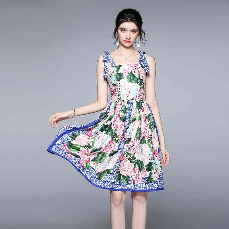 Fashion Summer Boho Dress Women's Spaghetti Strap Blue and white Floral Printed Casual Slim vestidos 210519