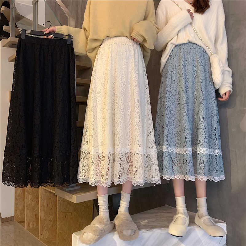 Black White Lace Midi Skirt Women Fashion Spring winter Korean Cute Elegant Office A-line Female Lady 210621