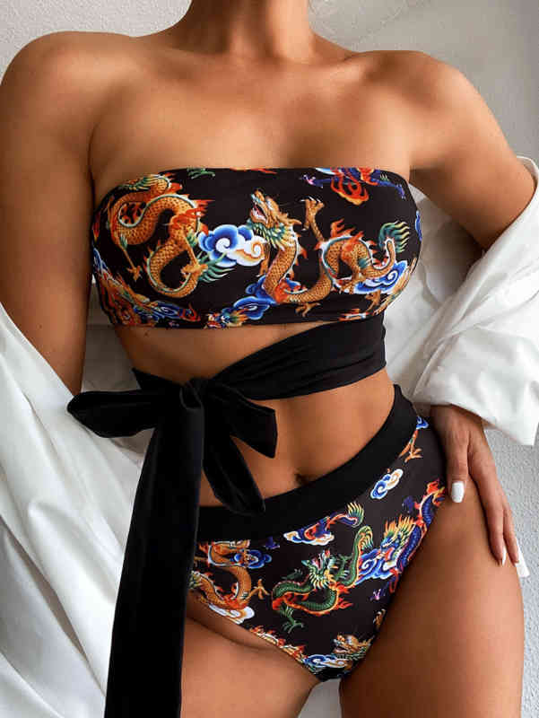 dragon split swimsuit women's bikini, Black;white