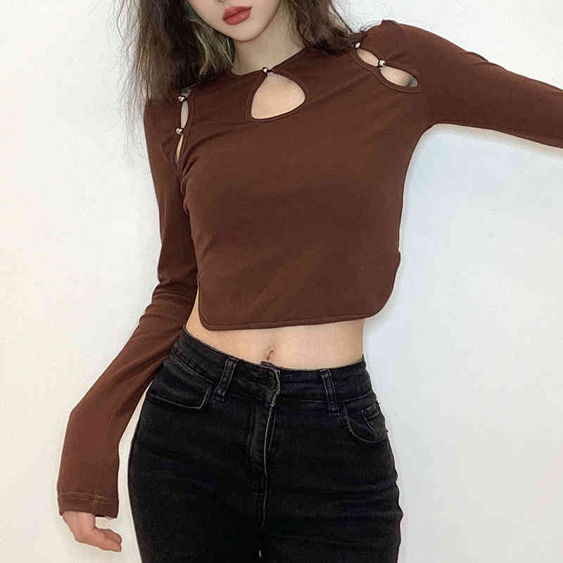 Women Spring Summer t shir fashion Skinny Sexy hollow shor long sleeved o-neck shirs ops wih Rive 210524