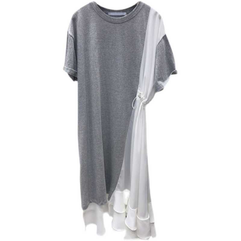 Spring Summer Simple Spelling Patchwork Ruffles O-Neck Casual Mid-Calf Dresses Women 210615
