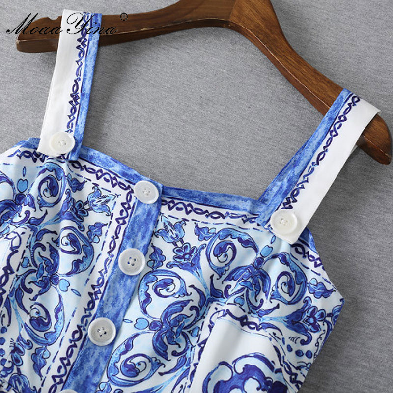 Fashion blue white porcelain print summer dress spaghetti strap front buttons slim casual dresses 210524