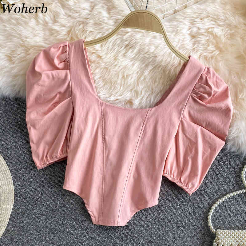 Women's Clothing Korean Blouses Square Neck Fashion Blusas Backless Lace-up White Puff Sleeve Shirts Irregular Crop Tops 210519