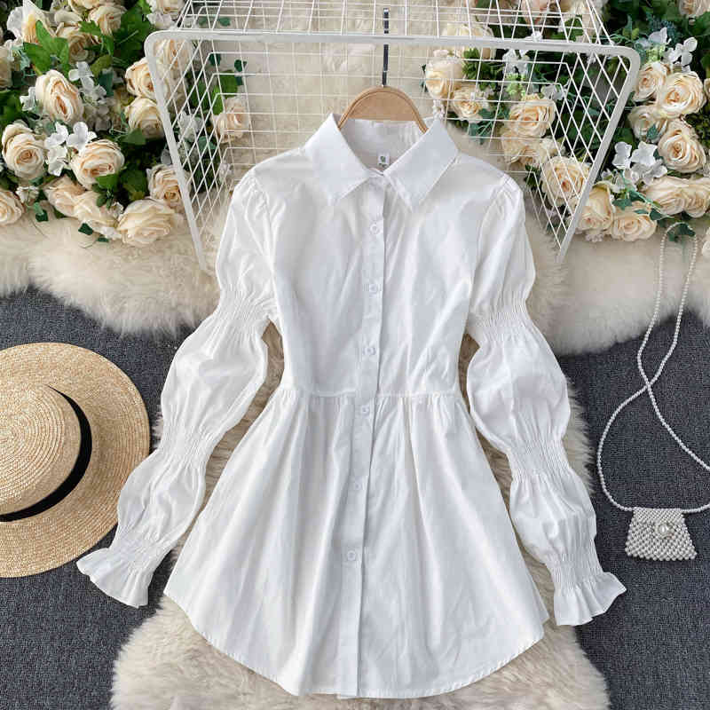 Nomikuma Spring Blouse Women Sets Puff Sleeve Medium-long Blusas Shirt + Demin Slim Waist Elegant Two Pieces Korean Suits 6D984 210427