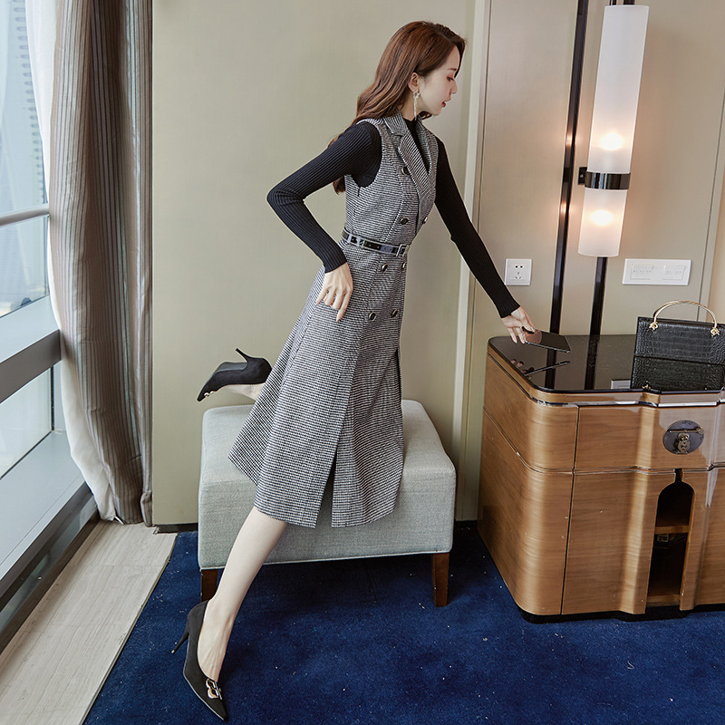 Women Plaid Elegant Office Dresses Lady Work Sleeveless Strap Spring Turn-Down Collar Blazer Female Suit 210428