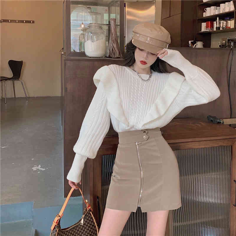 MATAKAWA Puff Sleeve Women's Sweater Spring Fashion Woman Sweaters Loose Ruffled Red Knitted Pullovers Top 210513