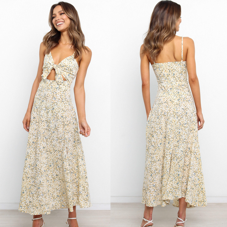 Spring / summer 2022 new sexy suspender split bow print dress, Yellow 
Spring / summer 2022 new sexy suspender split bow print dress, Yellow