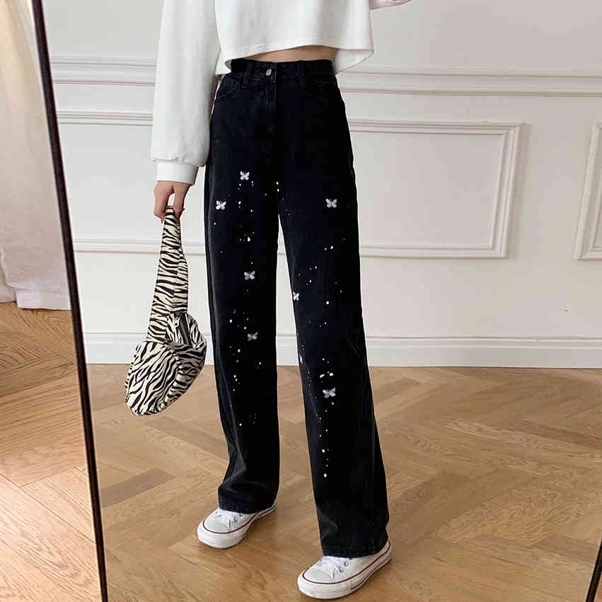 SML Spring korean style women loose Butterfly embroidery denim jeans womens high waist straight jeans for women(F9023) 210423