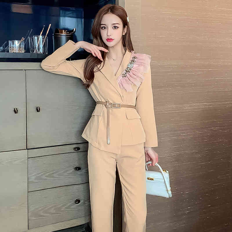 Autumn Long Sleeve Blazer+Trouses Office Two-piece Set Women Business Pants Set Stylish Lady Elegant Formal Set Suit 210515