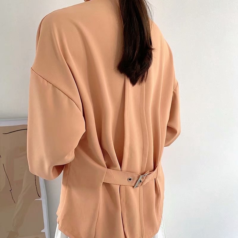 Elegant Women Solid Pink Shirts Fashion Ladies Necktie Pleated Tops Streetwear Female Chic Button Loose Blouses 210430